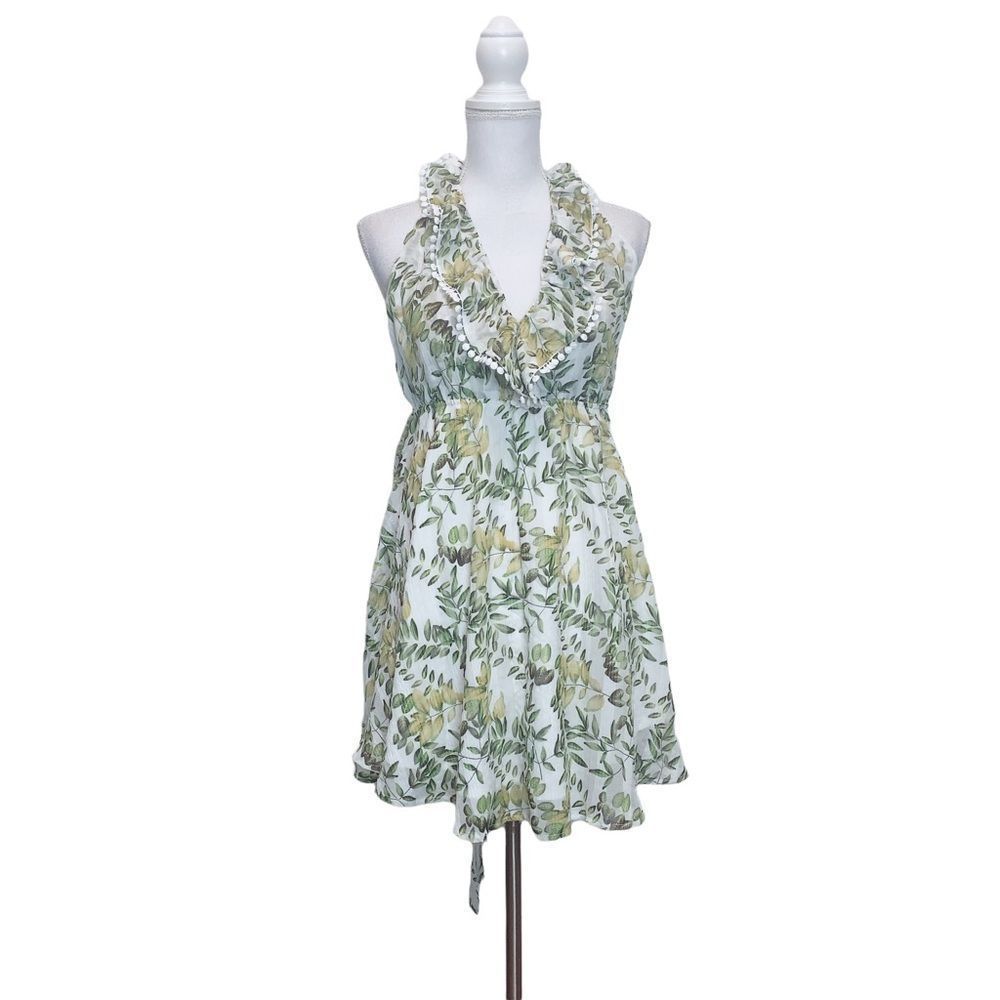 Angel Biba Tropical Leaves Print Halter Mini Dress Sz 12 Backless Angelcore Glam